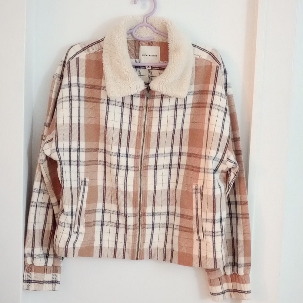 Lucky Brand Men's 100% Cotton Brown Plaid Jacket With Faux Fur Collar Size M